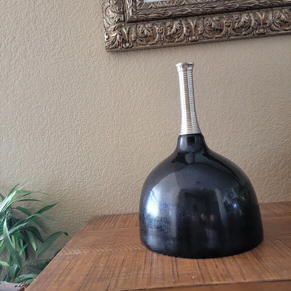 Vintage Modernist Black Vase with Ribbed Silver Neck